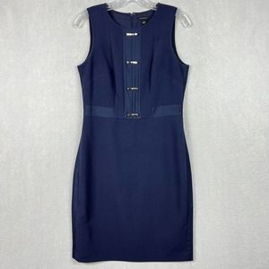 Ann Taylor Dress Sz 6 Navy Blue Sheath Sleeveless Gold Metal Bows Lined